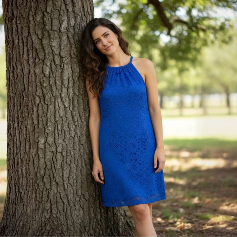 MAX STUDIO Cornflower Blue Lace Halter Dress Size X Small - Picture 4 of 11